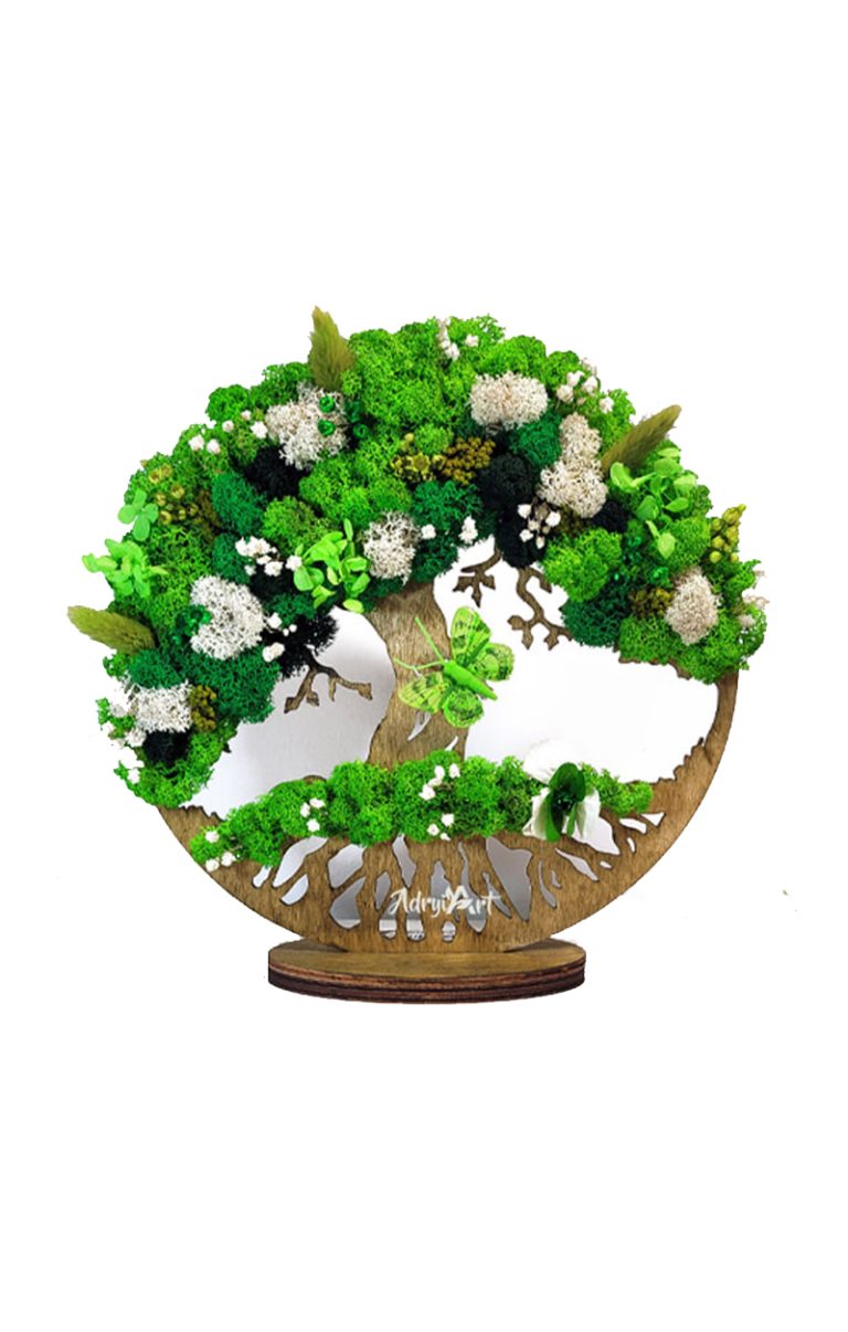 Copacul vietii cu suport decorat cu  licheni, hortensie criogenata, lagurus, frunze voal, gypshofilia in nuante de verde