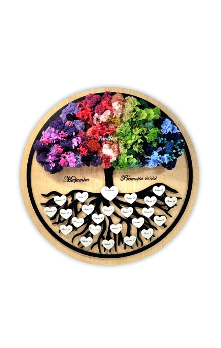 Tablou Copacul vietii personalizat cu nume si decorat cu licheni si flori criogenate